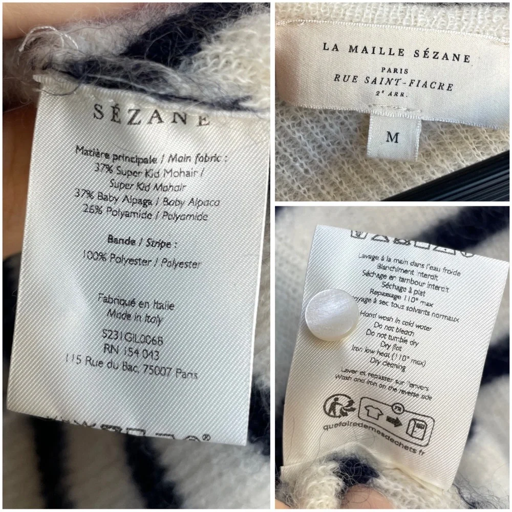 SEZANE Cream Navy Striped Mohair Alpaca Wool Reversible Gaspard Cardigan Sweater - Picture 16 of 17